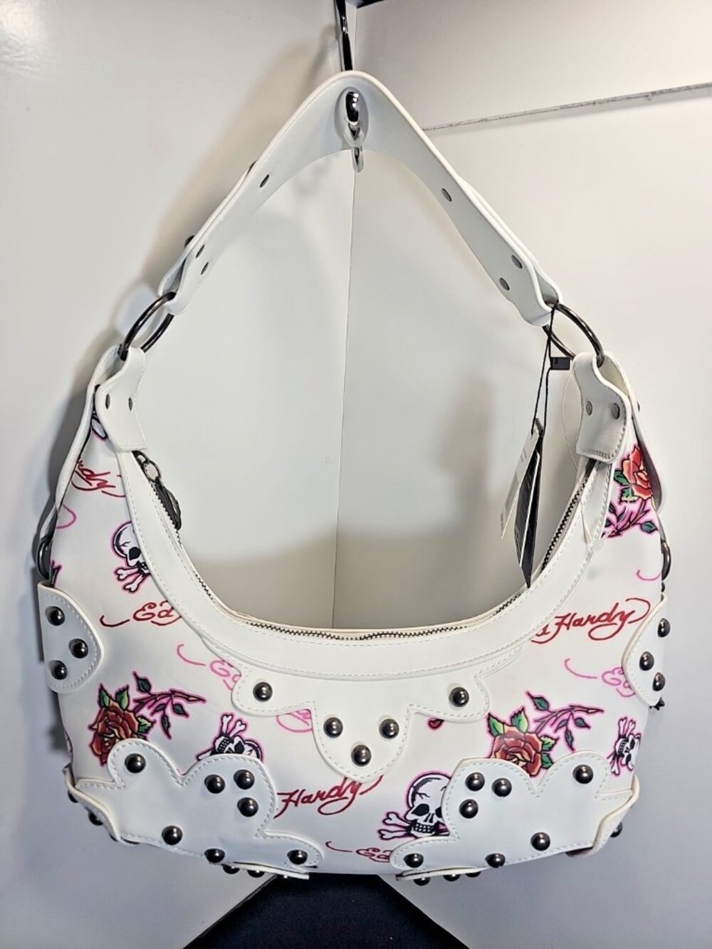 Ed Hardy EHH121B-42-001 White Shoulder Bag Signature Heart and Rose Tattoos
